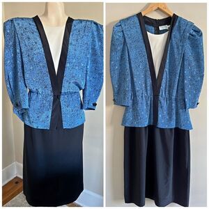 Vintage 80s Lady Carol Blue Peplum Puff Shoulder Dress Set Retro Career Chic